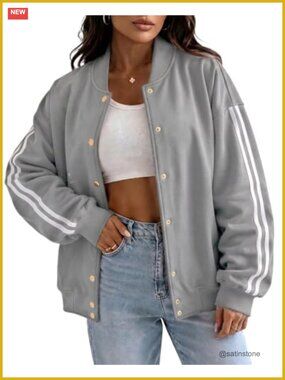 Women's Button Down Bomber Jacket Casual Loose Fit Long Sleeve
